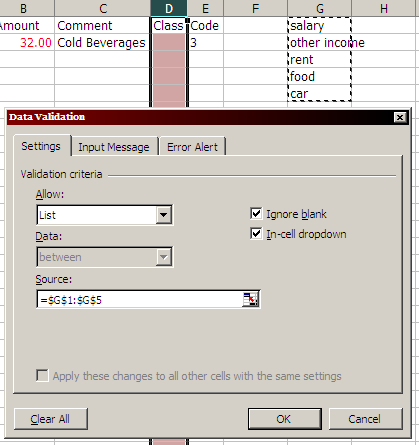 data validation for drop down menus